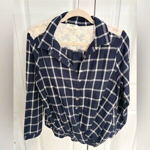UMGEE Navy Plaid Button-Up Shirt with Lace Detail